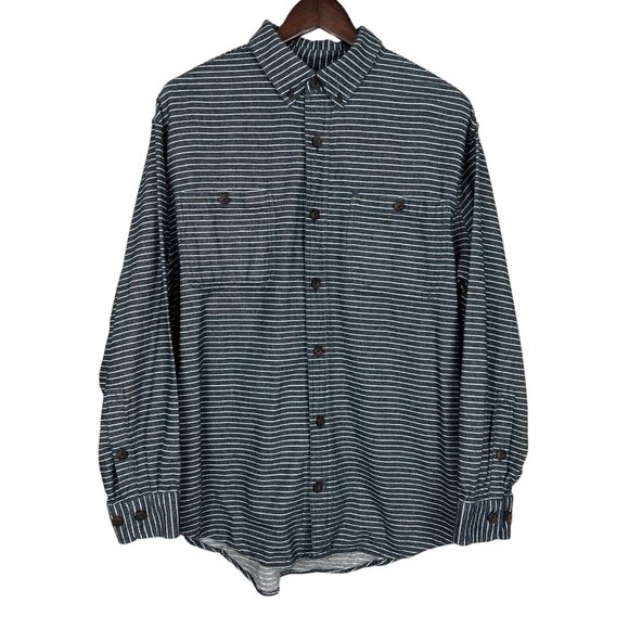 Duluth Trading Co Shirt Mens Large Blue Stripe Free Swingin' Flannel Relaxed Fit - Picture 1 of 10